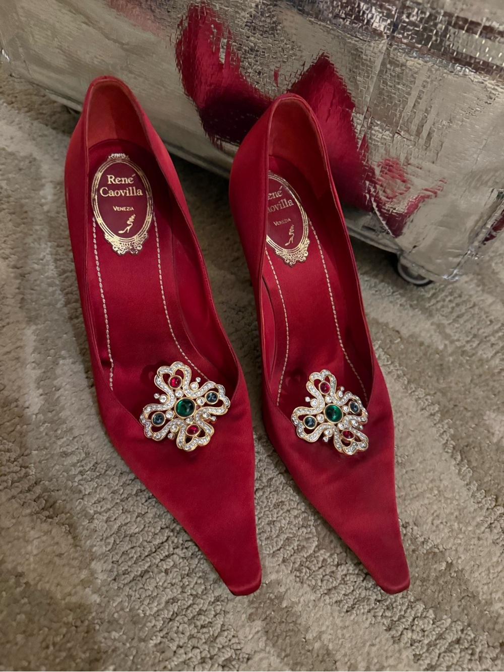 Rene Caovilla Red Satin Pointed-Toe Jeweled Pumps